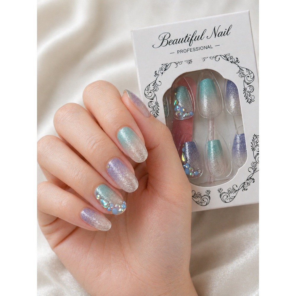 Beautiful Nail Professional Press On Nails Glitter Ombre Rhinestone Almond Set